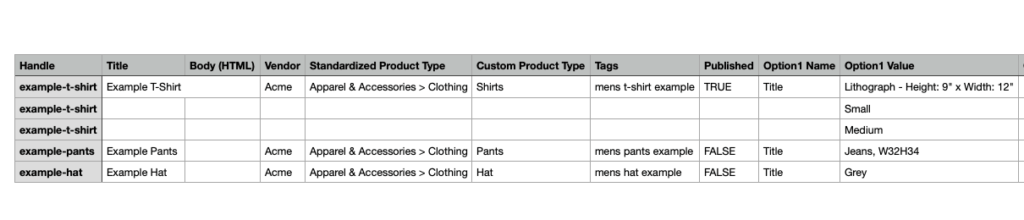 手動の Shopify 移行で使用される CSV データ ファイルの例のスクリーンショット。