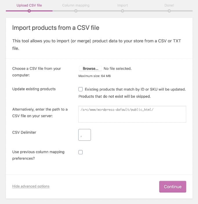 WooCommerce ürünü CSV içe aktarma aracının ekran görüntüsü.