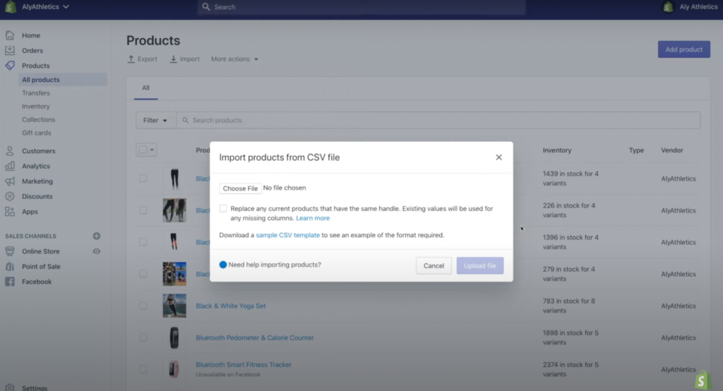 Shopify의 CSV 제품 가져오기 도구 스크린샷.