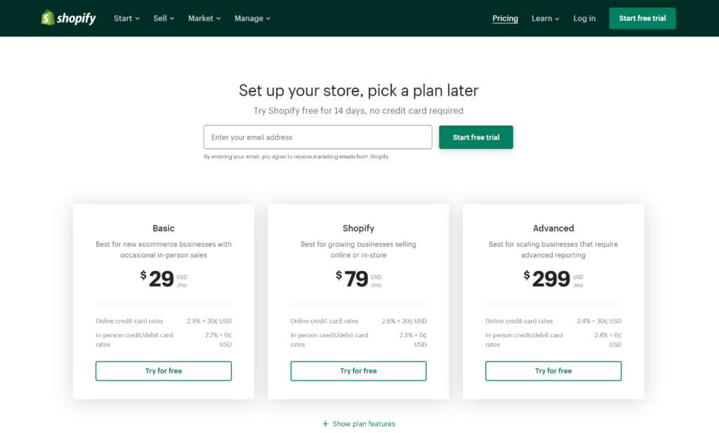 2022년 Shopify 가격 계획의 스크린샷.