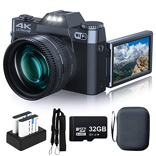Aparat cyfrowy do fotografii VJIANGER 4K 48MP Kamera do vlogowania na YouTube z Wi-Fi, 16-krotny zoom cyfrowy, obiektyw szerokokątny 52 mm i obiektyw makro, 2 baterie, karta TF 32 GB, pasek do aparatu i torba (czarna)