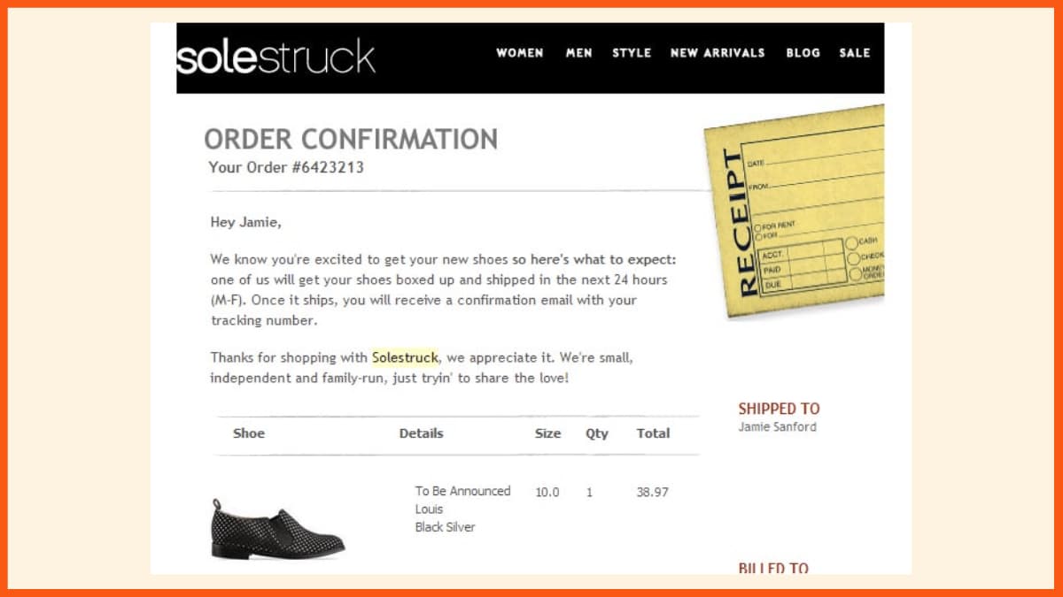 E-mail de confirmare a comenzii de pantofi