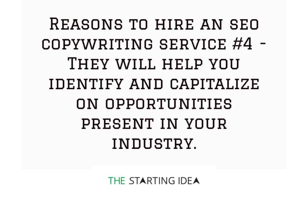 Grafika z tekstem mówiącym, że zatrudnienie usługi SEO copywriting może pomóc w identyfikacji i wykorzystaniu możliwości w Twojej branży
