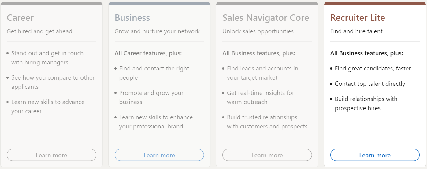 4 bloki przedstawiające różne funkcje LinkedIn Premium, wybrano Recruiter Lite