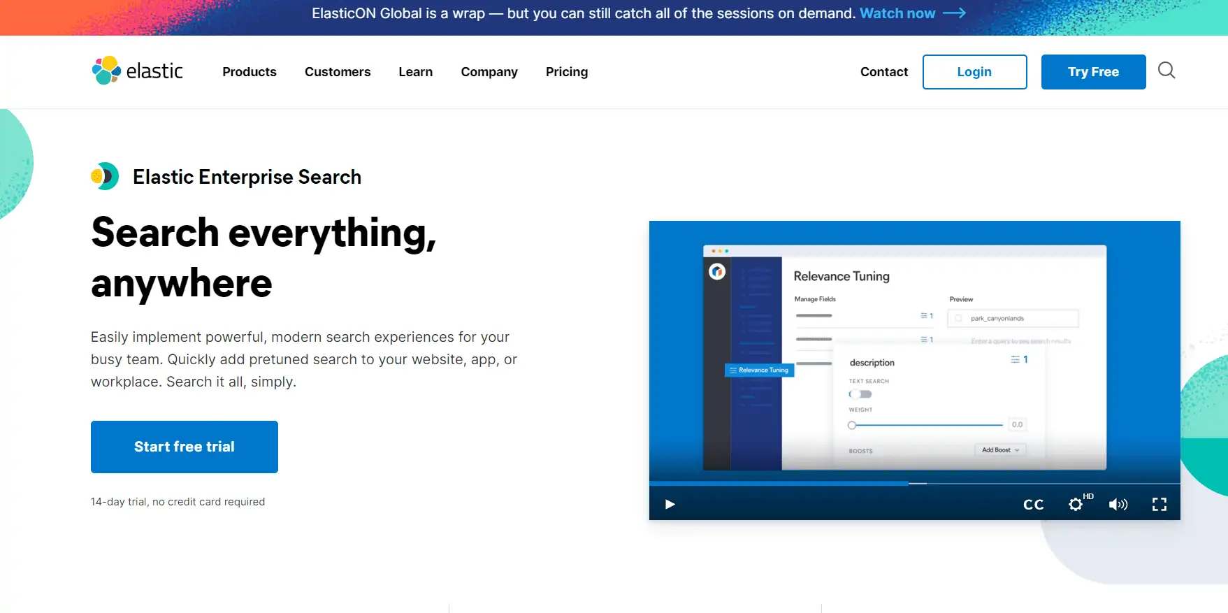 Screenshot der Elastic-Website Elasticsearch creates short product demos highlighting all core possibilities of the search engine