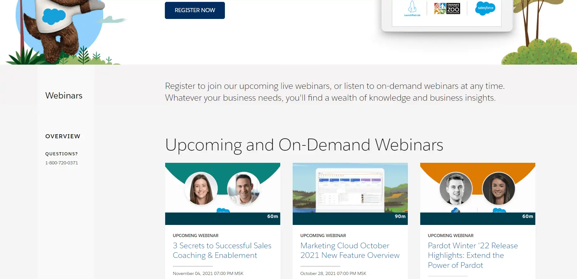 Screenshot der Salesforce-Website Salesforce offers a lot of webinars to its current customers and leads