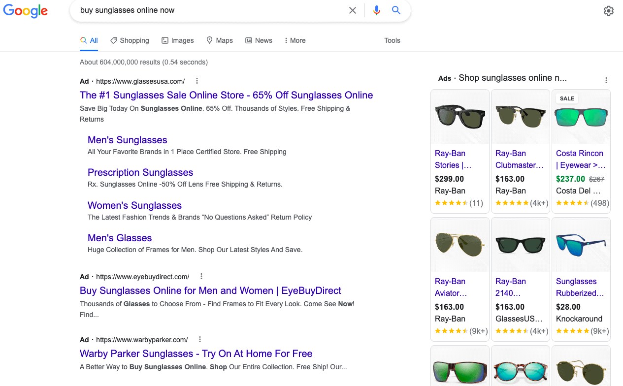 Risultati del motore di ricerca a pagamento di Google