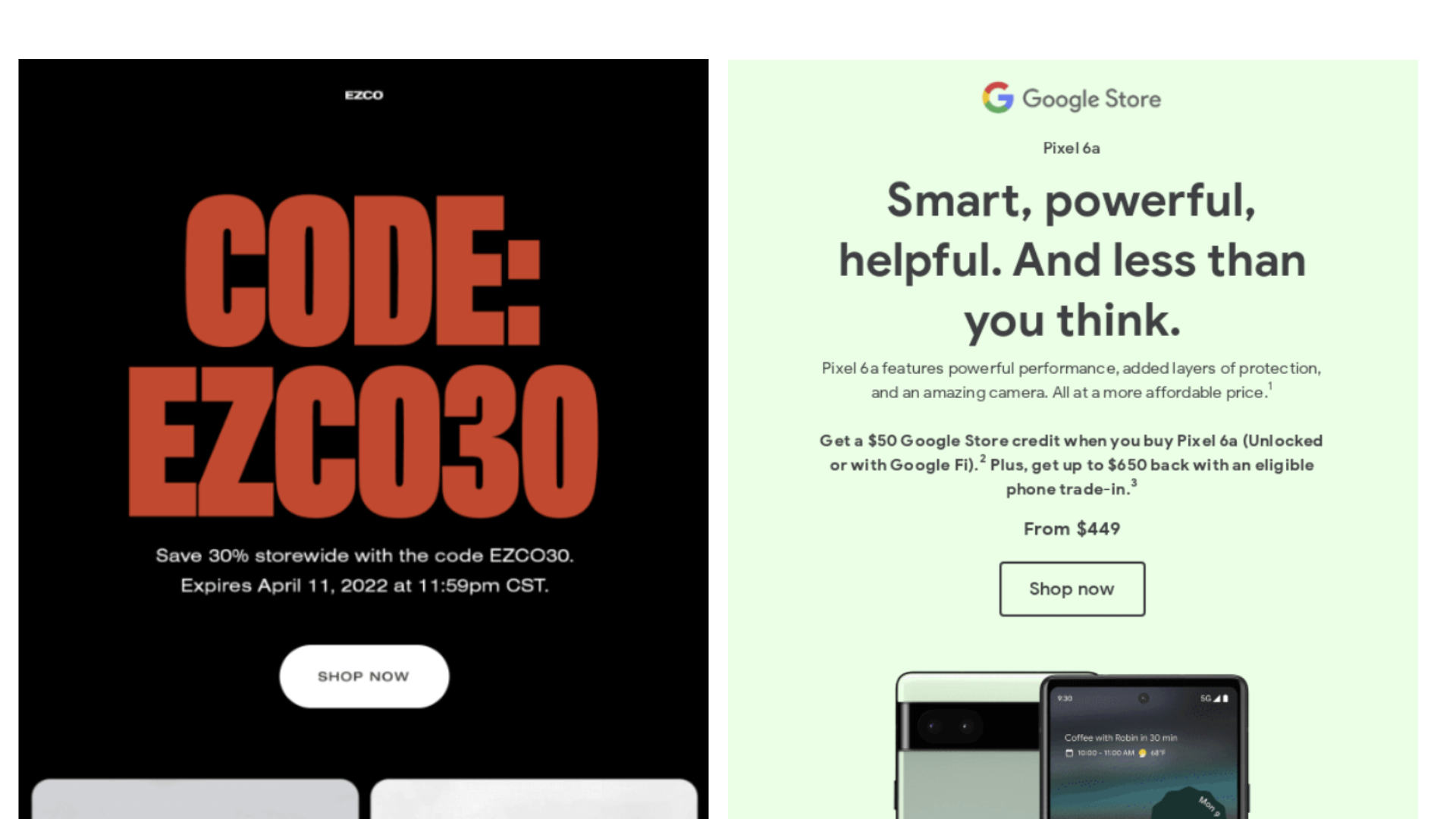 Una captura de pantalla de dos correos electrónicos. El de la izquierda tiene un fondo negro con un encabezado naranja en negrita y texto en mayúsculas. El de la derecha tiene un fondo verde pastel con un encabezado y texto grises, en mayúsculas y minúsculas.