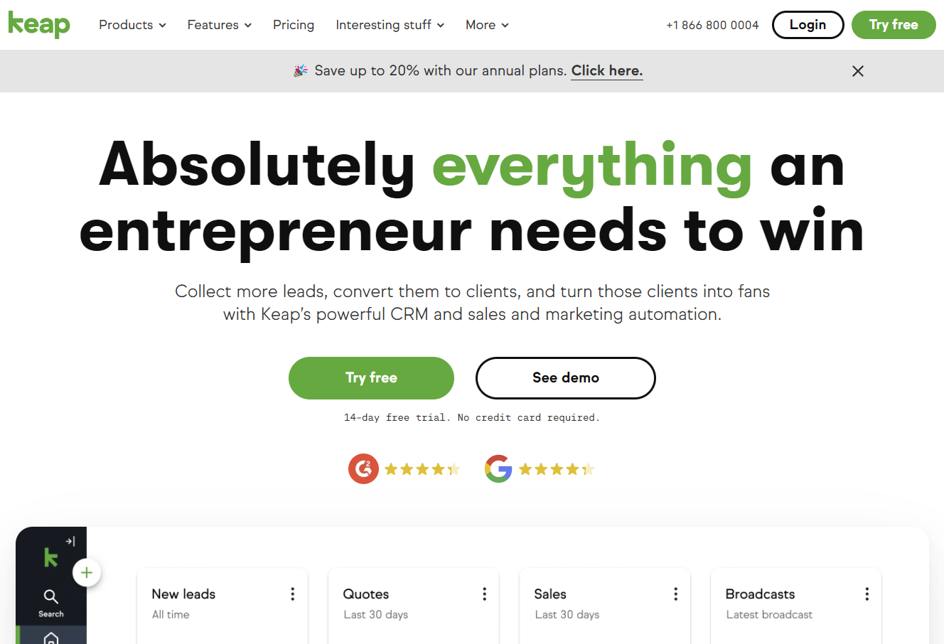 Captura de pantalla del sitio web de Keap