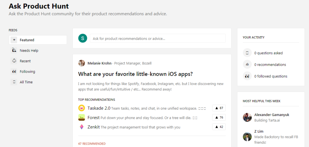 Rete con persone su Product Hunt