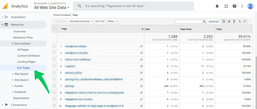 Google Pages 離脱ページ レポート