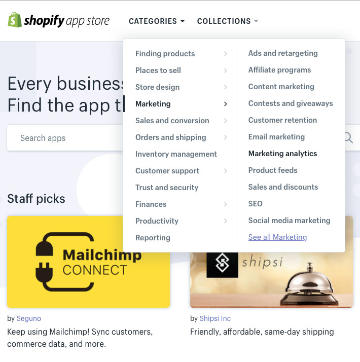 Categorias da App Store da Shopify