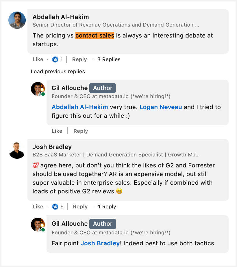 comentário do linkedin - preço vs vendas de contato