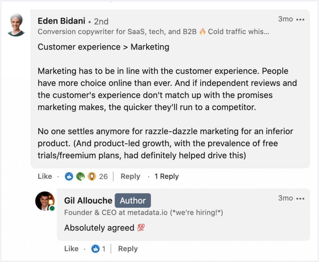 comentário do linkedin - experiência do cliente eden bidani