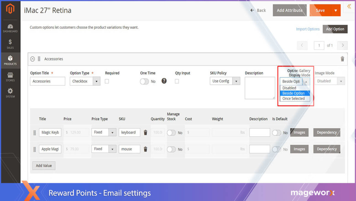 Magento 2 seçenekli galeri için Gelişmiş Ürün Seçenekleri eklentisi