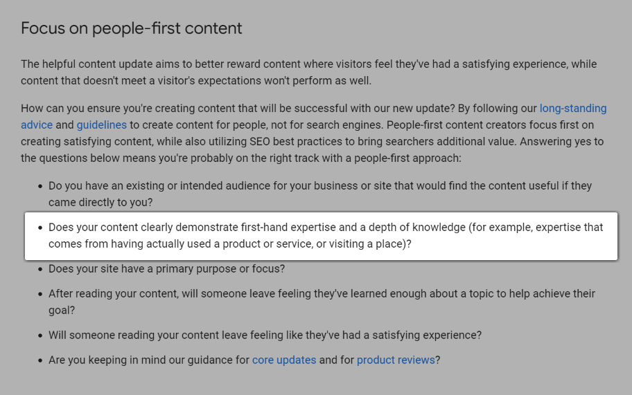 Скриншот вопроса: «Ваш контент четко демонстрирует непосредственный опыт и глубину знаний (например, опыт, полученный в результате фактического использования продукта или услуги или посещения места)?».