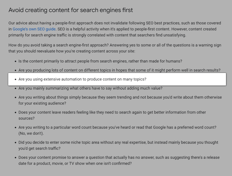 Скриншот вопроса «Используете ли вы обширную автоматизацию для создания контента по многим темам?».