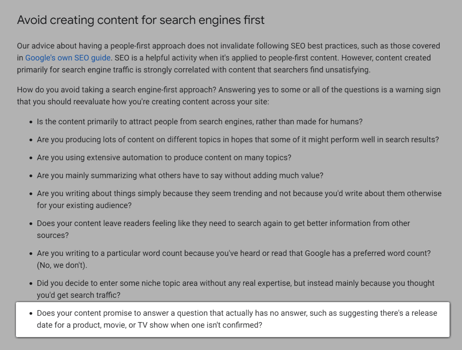 Скриншот вопроса: «Обещает ли ваш контент ответить на вопрос, на который на самом деле нет ответа, например, предполагает, что есть дата выпуска продукта, фильма или телешоу, если она не подтверждена?».