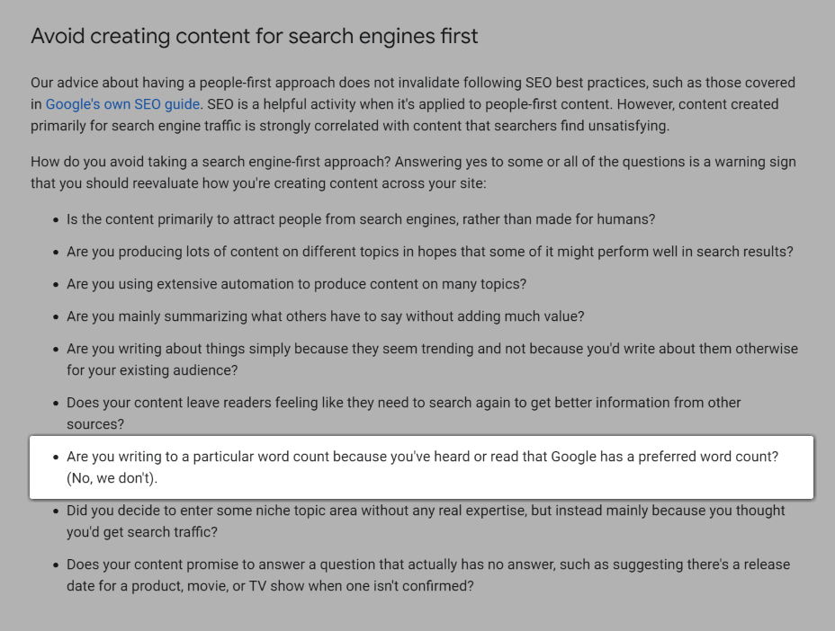 Скриншот вопроса: «Вы пишете с определенным количеством слов, потому что слышали или читали, что у Google есть предпочтительное количество слов? (Нет, у нас нет)».