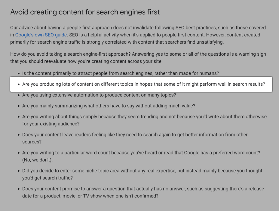 Скриншот вопроса: «Вы создаете много контента на разные темы в надежде, что некоторые из них будут хорошо отображаться в результатах поиска?».