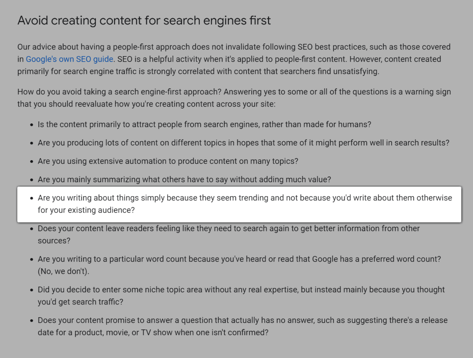 Скриншот вопроса: «Вы пишете о вещах просто потому, что они кажутся популярными, а не потому, что в противном случае вы написали бы о них для существующей аудитории?».