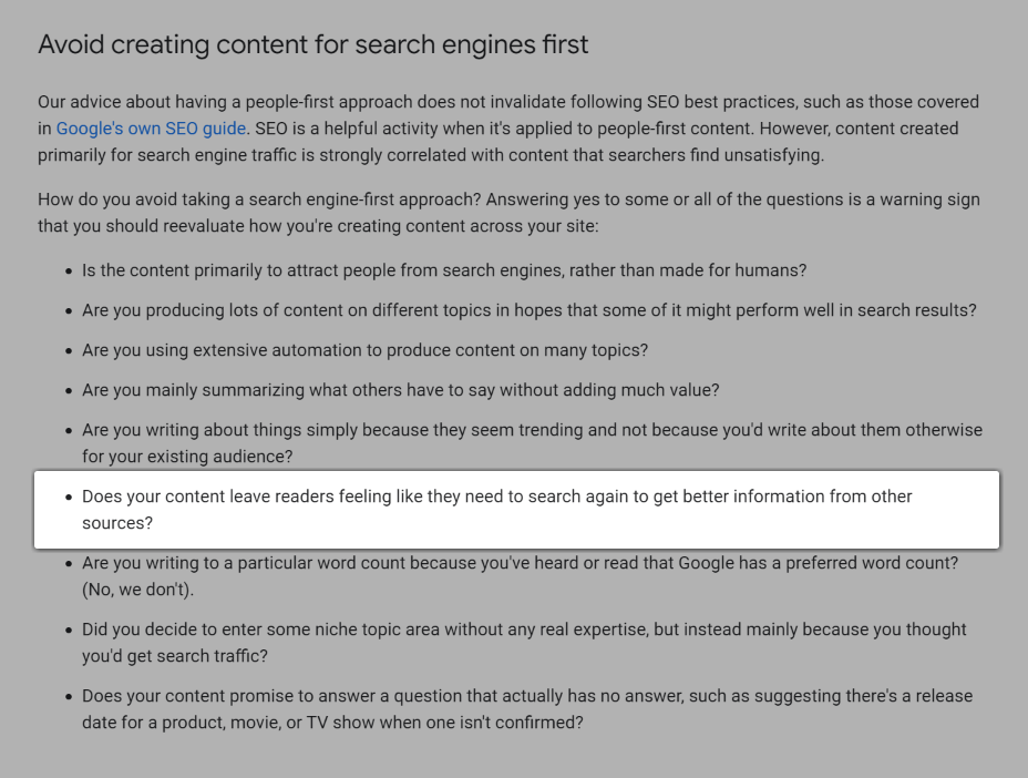 Скриншот вопроса: «Вызывает ли ваш контент у читателей ощущение, что им нужно повторить поиск, чтобы получить более качественную информацию из других источников?».