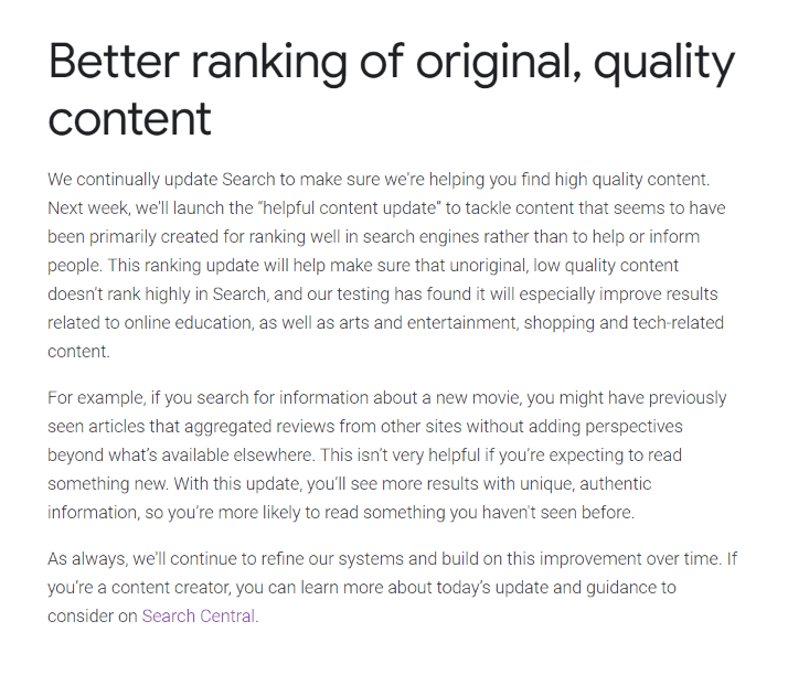 Снимок экрана из объявления об обновлении алгоритма полезного контента Google.