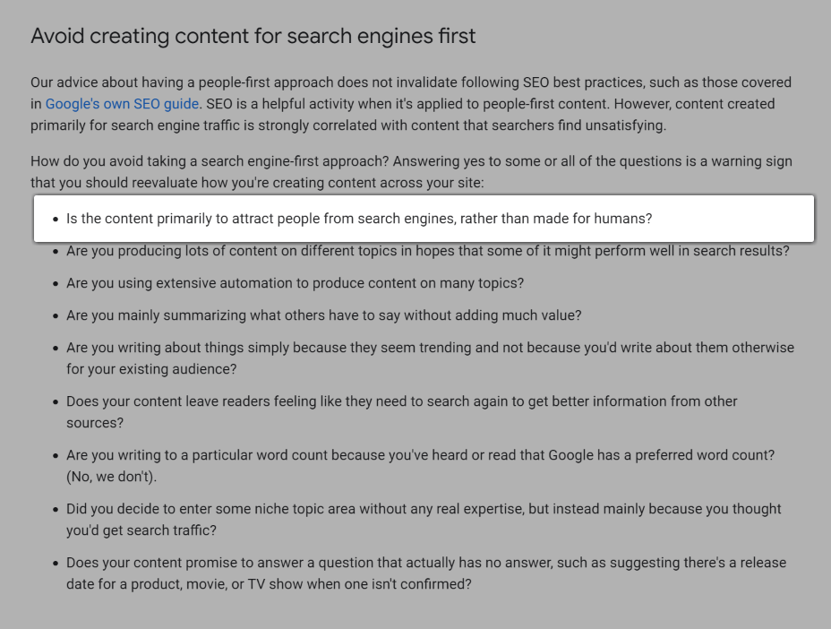 Скриншот вопроса: «Контент предназначен в первую очередь для привлечения людей из поисковых систем, а не для людей?».