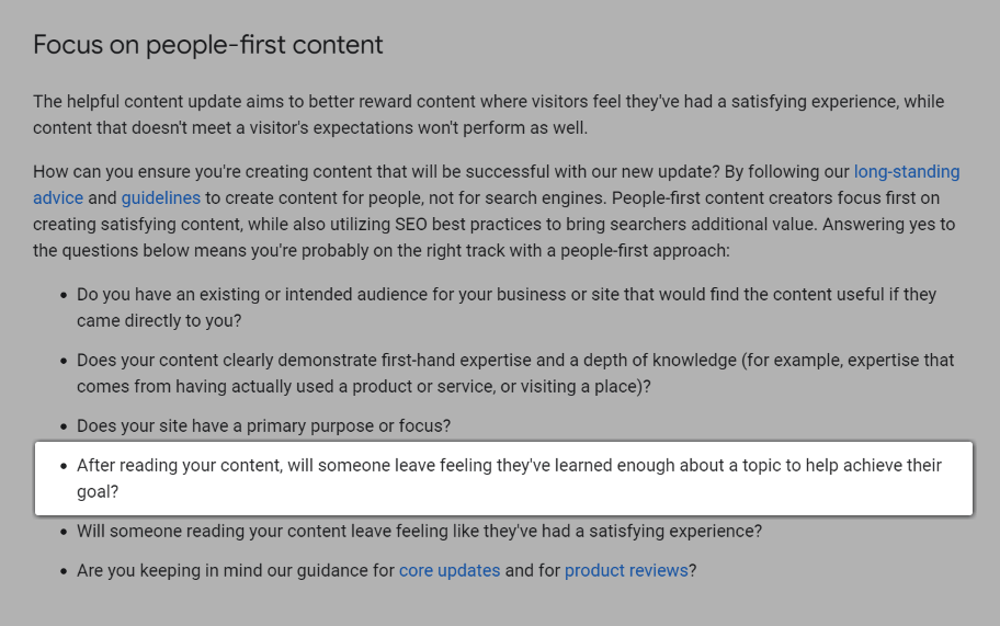 Скриншот вопроса: «После прочтения вашего контента кто-нибудь оставит ощущение, что он узнал достаточно по теме, чтобы помочь в достижении своей цели?».