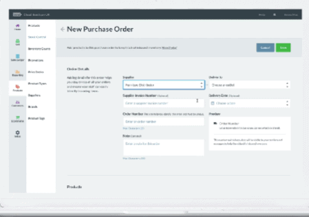 Capture d'écran du logiciel de gestion des stocks Vend, montrant la création de bons de commande