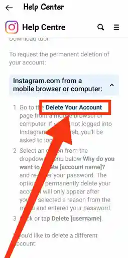 انقر فوق خيار حذف حسابك في إعداد مركز المساعدة في instagram لحذف حساب instagram نهائيًا