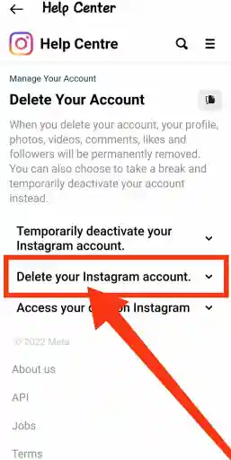 حدد حذف حساب instagram الخاص بك نهائيًا في إعدادات instagram لحذف حساب instagram نهائيًا