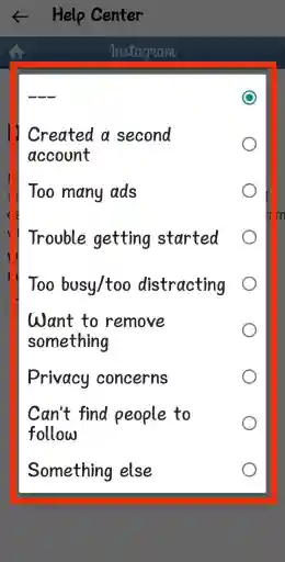 اختر سببًا في إعداد مركز المساعدة في instagram لحذف حساب instagram نهائيًا