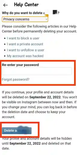 أعد إدخال كلمة مرور حساب instagram وانقر على زر الحذف لحذف حساب instagram نهائيًا