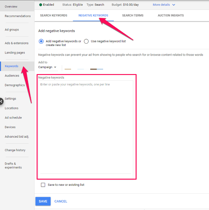 conseils d'optimisation google adwords stratégie de mots clés négatifsbeam