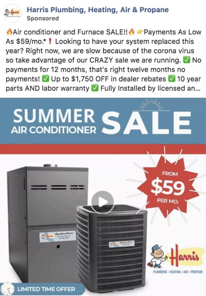 Campanha de anúncios no Facebook de "Harris Plumbing, Heating, Air & Propane"