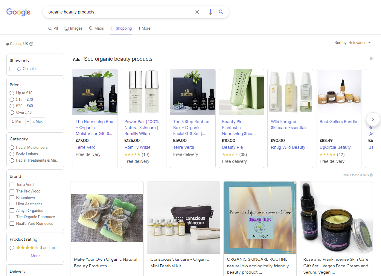Capture d'écran de Google Shopping
