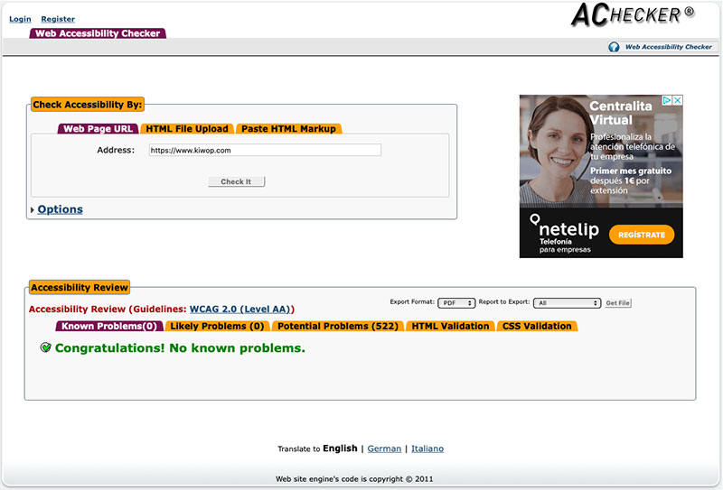 Teste de acessibilidade Kiwop