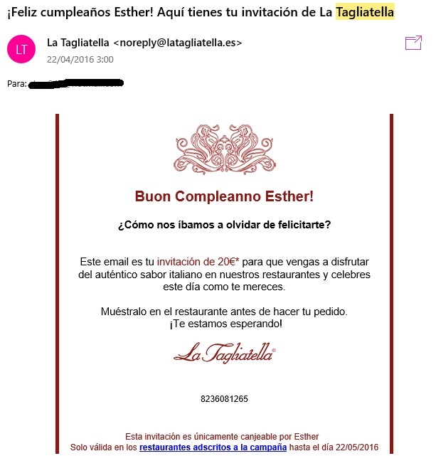 exemple de stratégie de mailing d'anniversaire de tagliatelles