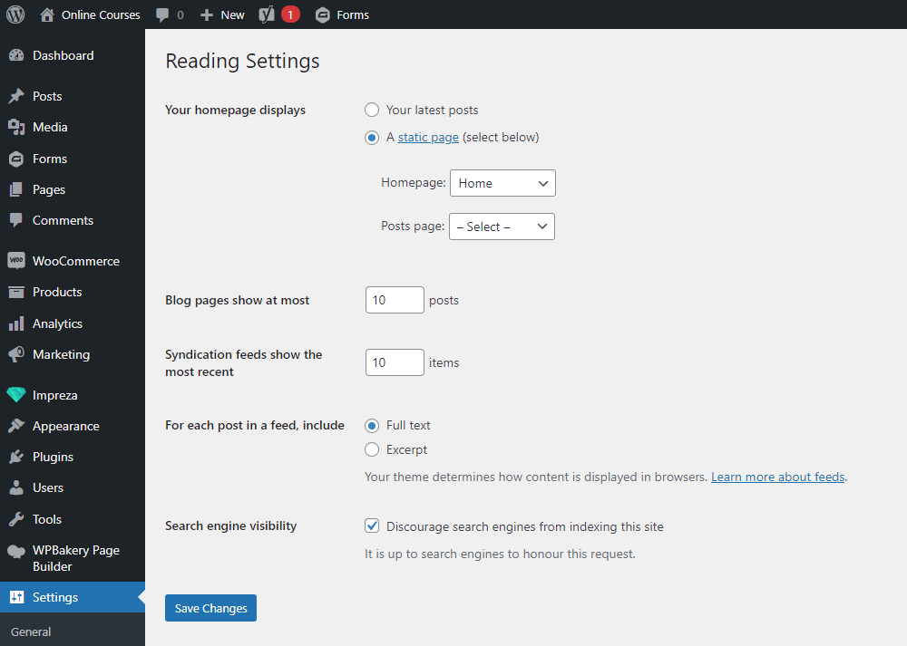 Screenshot dell'impostazione di visibilità del motore di ricerca