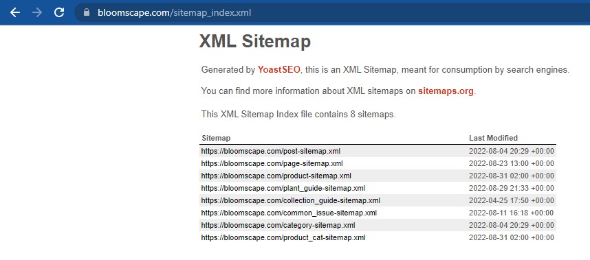 Screenshot di una Sitemap XML