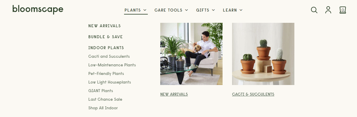 Screenshot della navigazione di Bloomscape