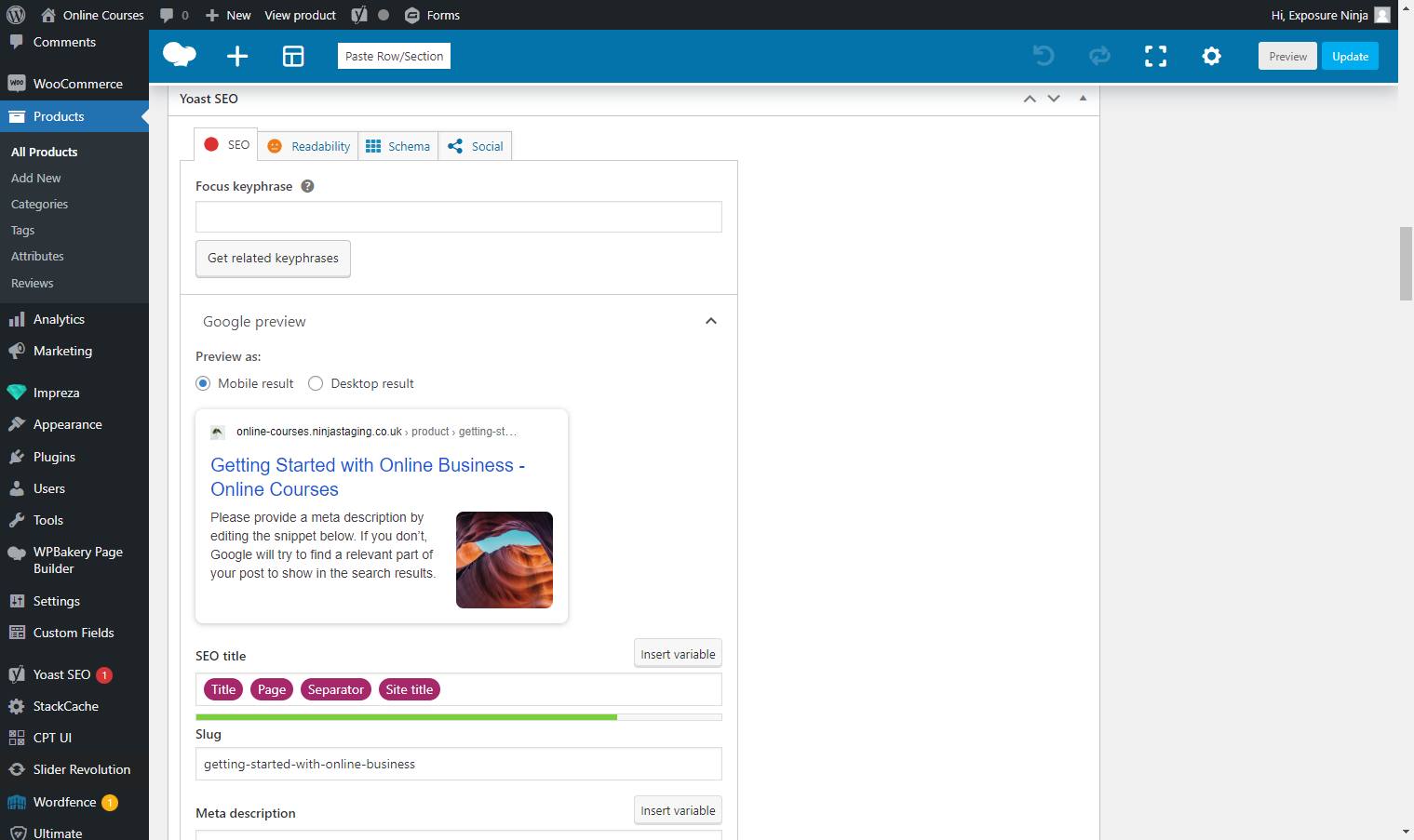 Screenshot delle caselle dei metadati Yoast