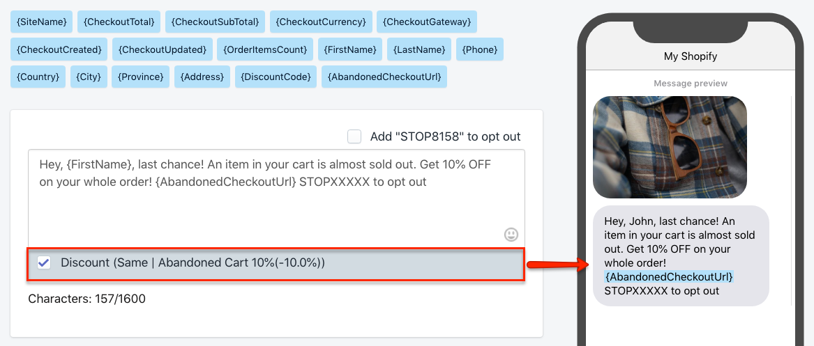 Recordatorio SMS de pago abandonado con descuento personal en Shopify