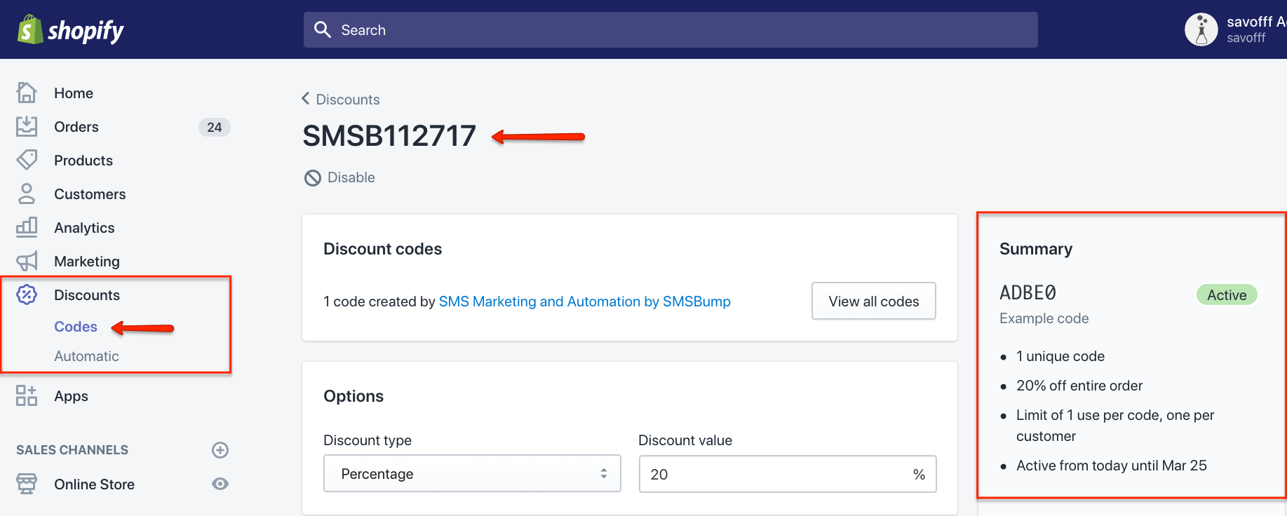 Sistema de código de descuento de Shopify