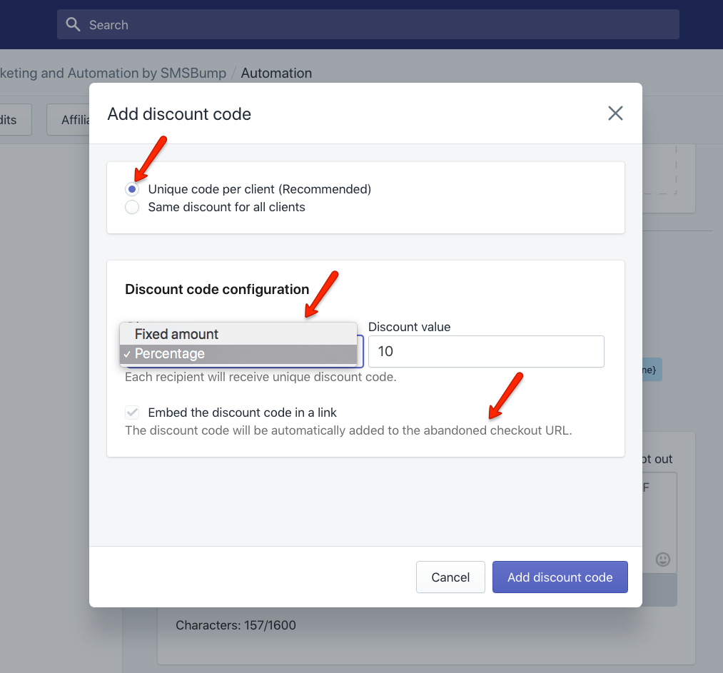 SMSBump: seleccione un código único para el tipo de descuento en Shopify