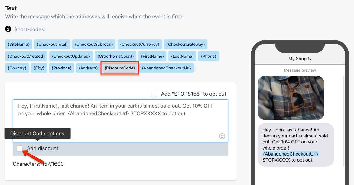 SMSBump: agregar un código de descuento personal en Shopify