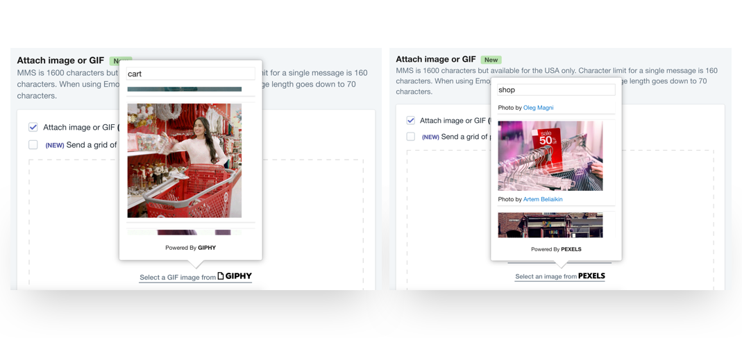 GIPHY Gifs und Pexels Lizenzfreie Stockfotos für MMS in Shopify