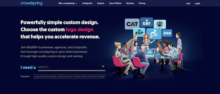 herói da página inicial do crowdspring mostrando pessoas com deficiência entre um grupo de outras pessoas