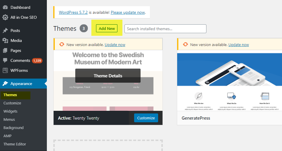 كيفية تثبيت سمة WordPress: الدليل الكامل 3 add new theme - WPadmin